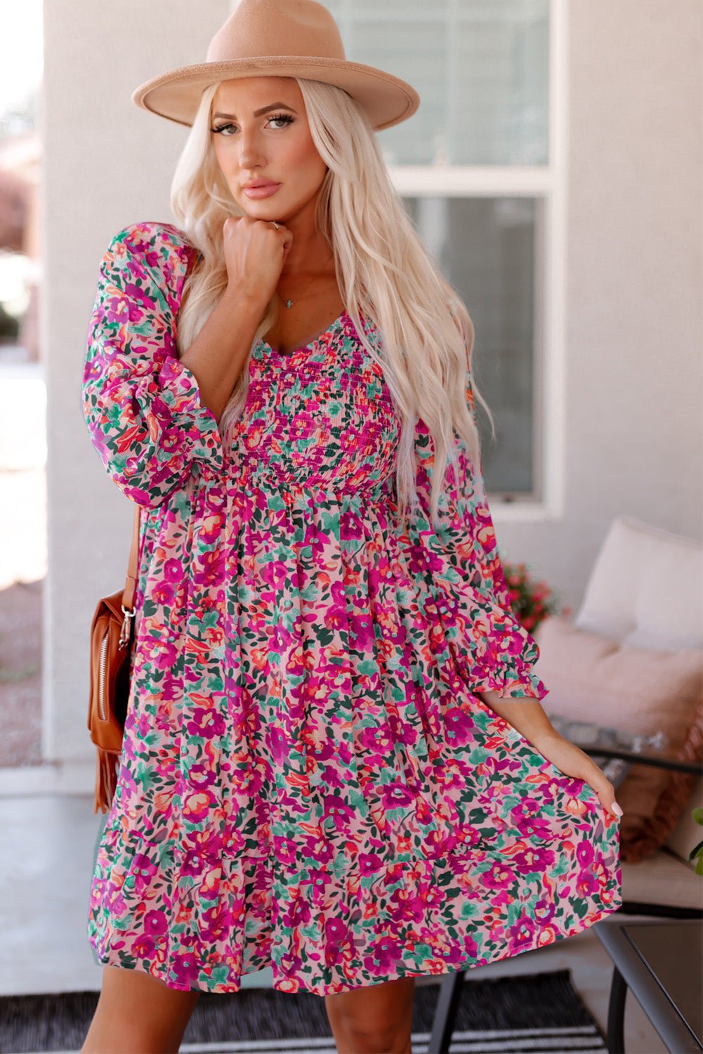 Floral Smocked V - Neck Flounce Sleeve Dress - Dress - Floral - Bella Bourget