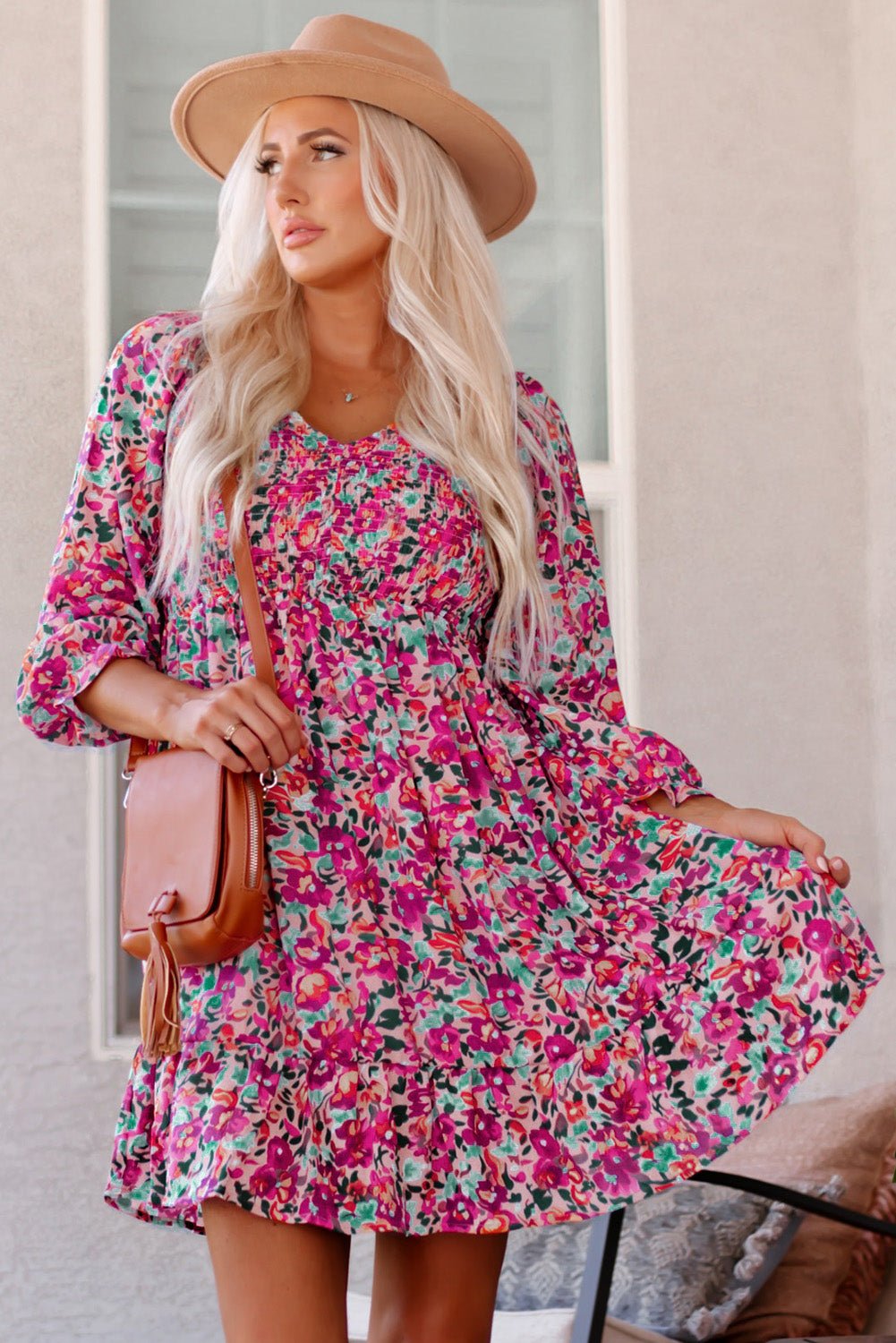 Floral Smocked V - Neck Flounce Sleeve Dress - Dress - Floral - Bella Bourget