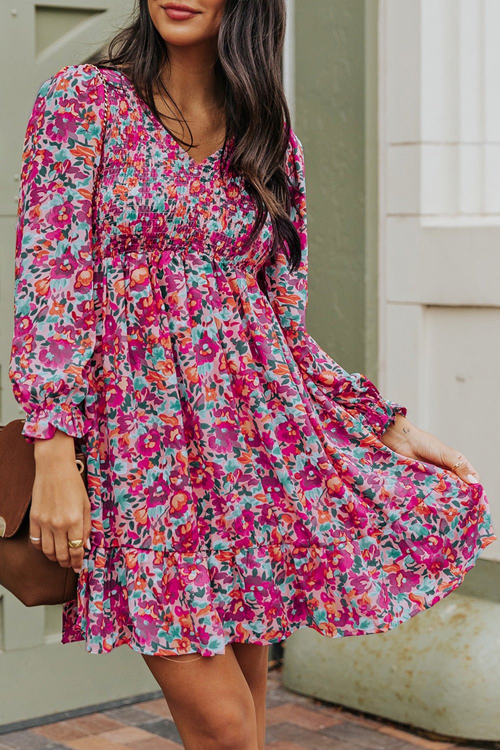 Floral Smocked V - Neck Flounce Sleeve Dress - Dress - Floral - Bella Bourget