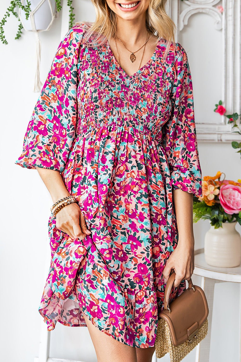 Floral Smocked V - Neck Flounce Sleeve Dress - Dress - Floral - Bella Bourget