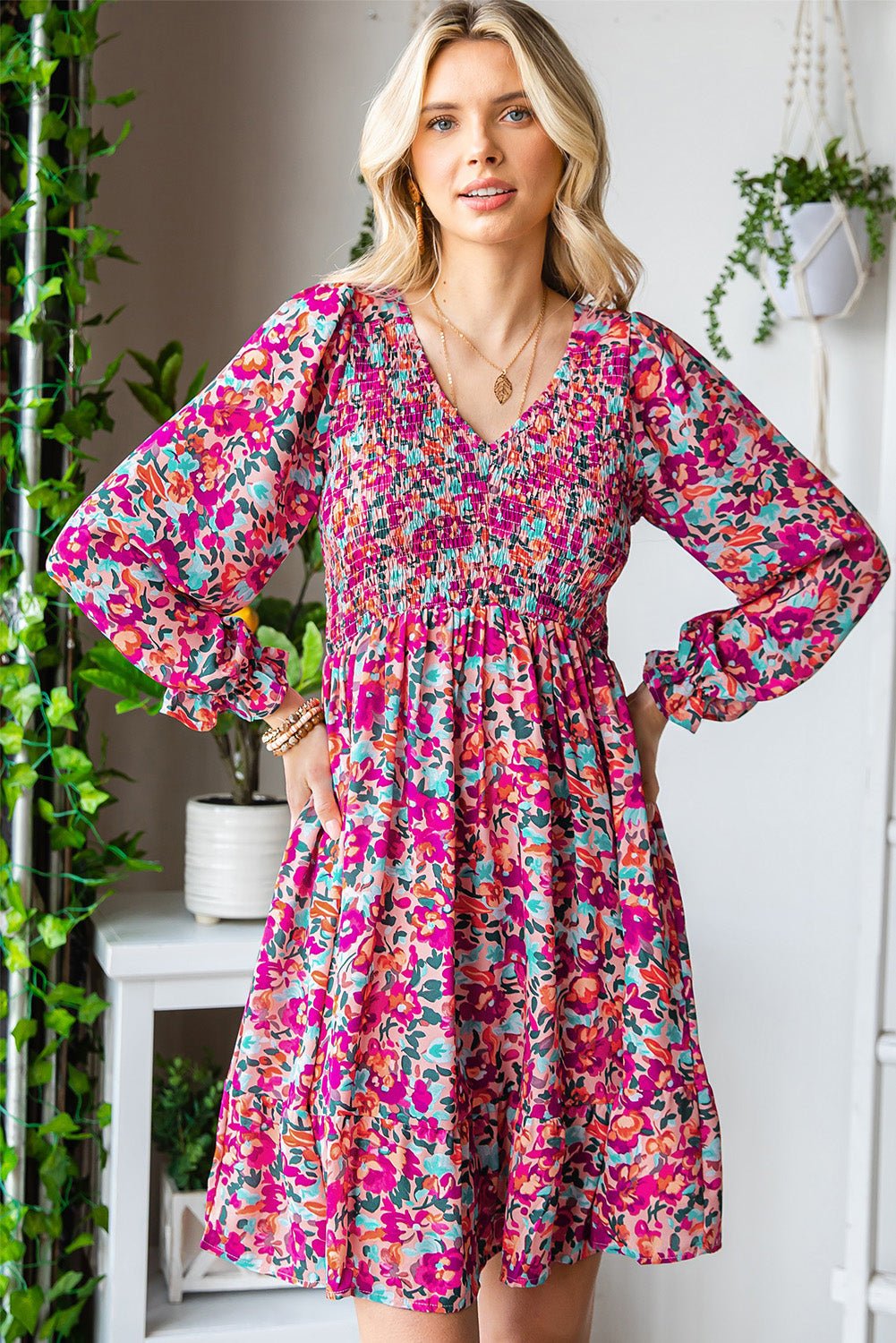 Floral Smocked V - Neck Flounce Sleeve Dress - Dress - Floral - Bella Bourget