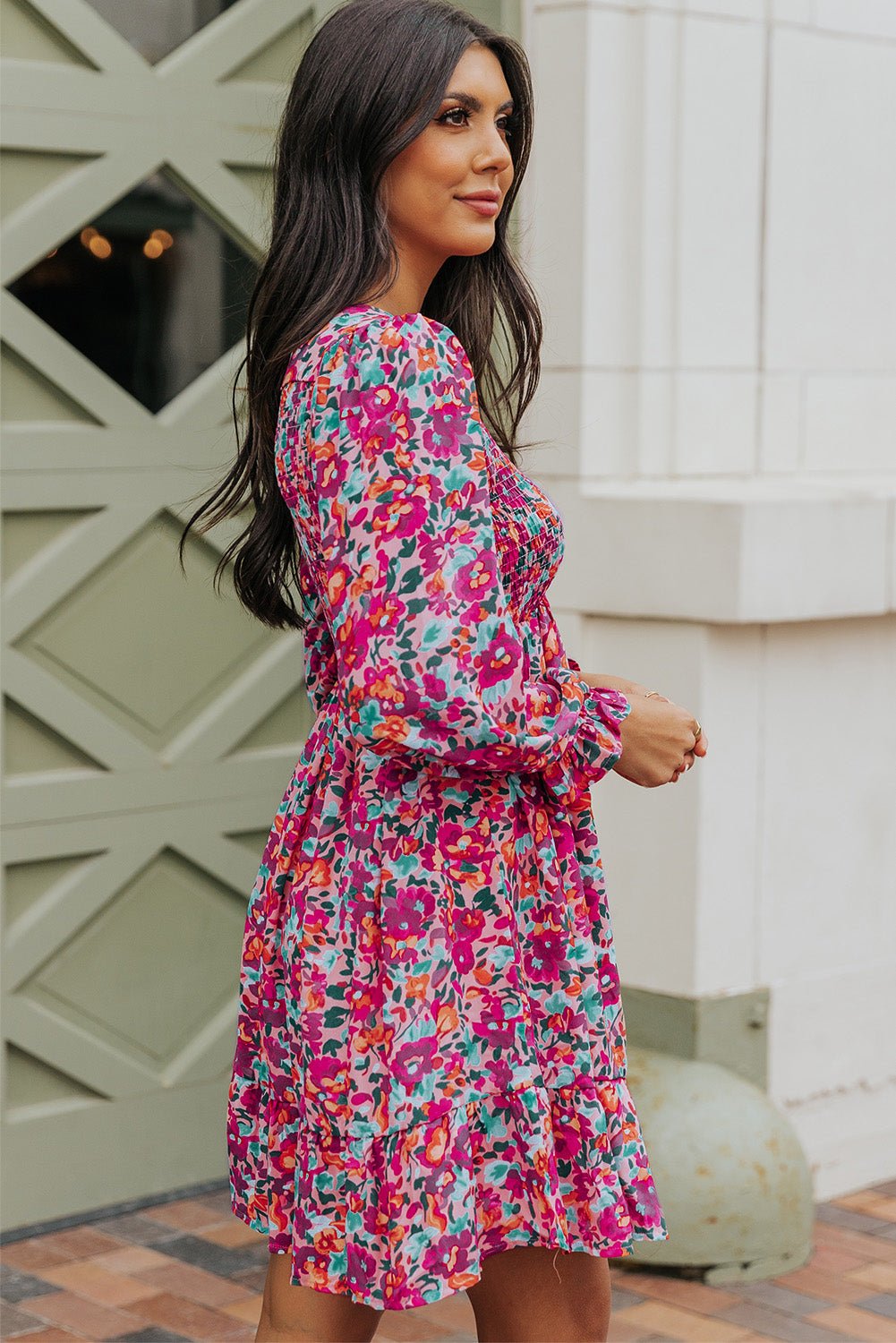 Floral Smocked V - Neck Flounce Sleeve Dress - Dress - Floral - Bella Bourget