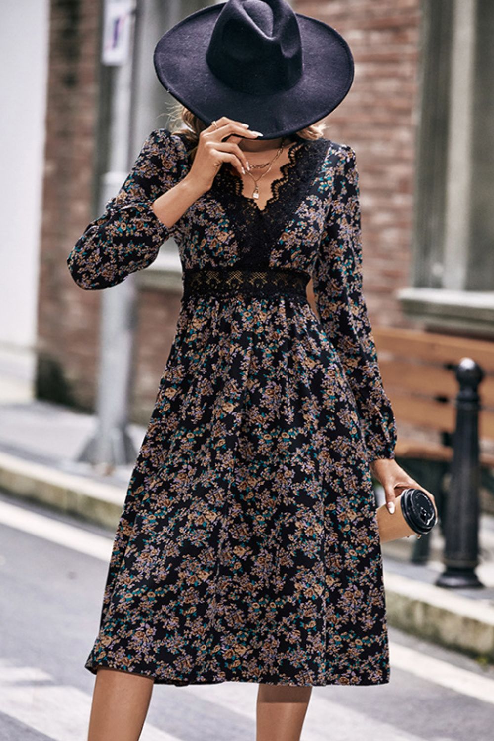 Floral Spliced Lace V - Neck Dress - Dress - Black - Bella Bourget