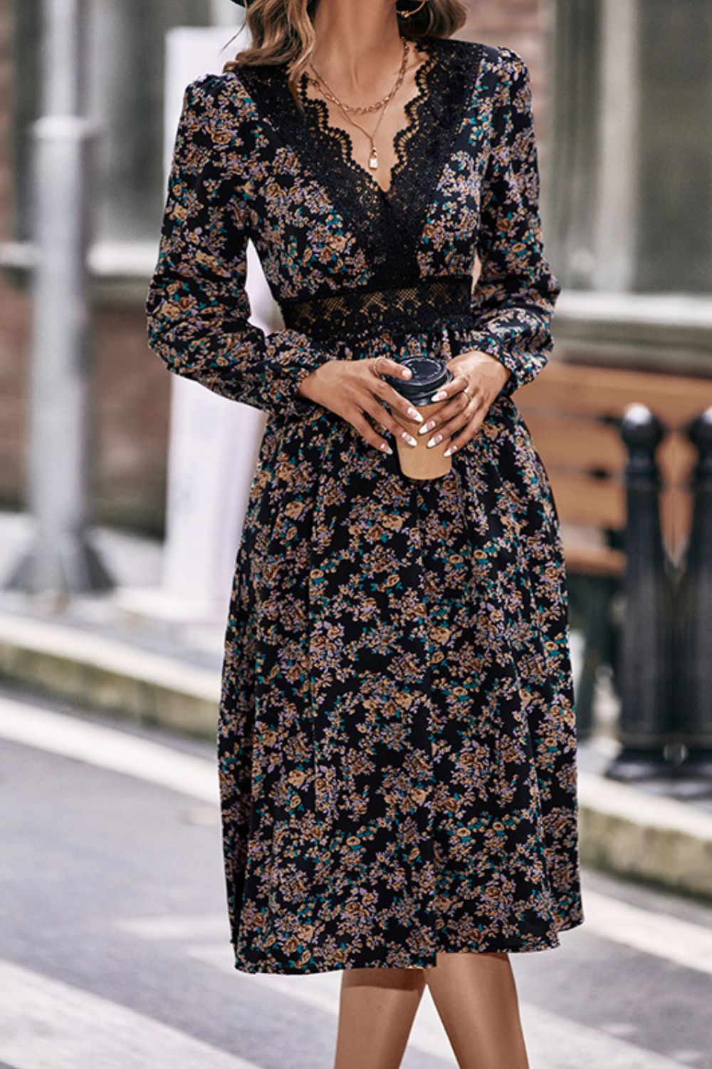 Floral Spliced Lace V - Neck Dress - Dress - Black - Bella Bourget