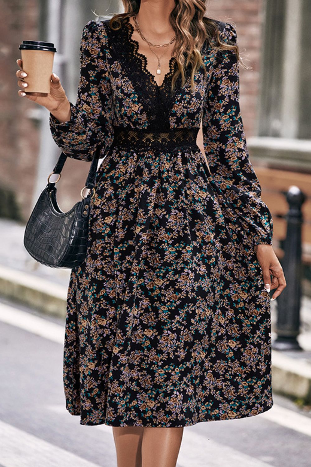 Floral Spliced Lace V - Neck Dress - Dress - Black - Bella Bourget