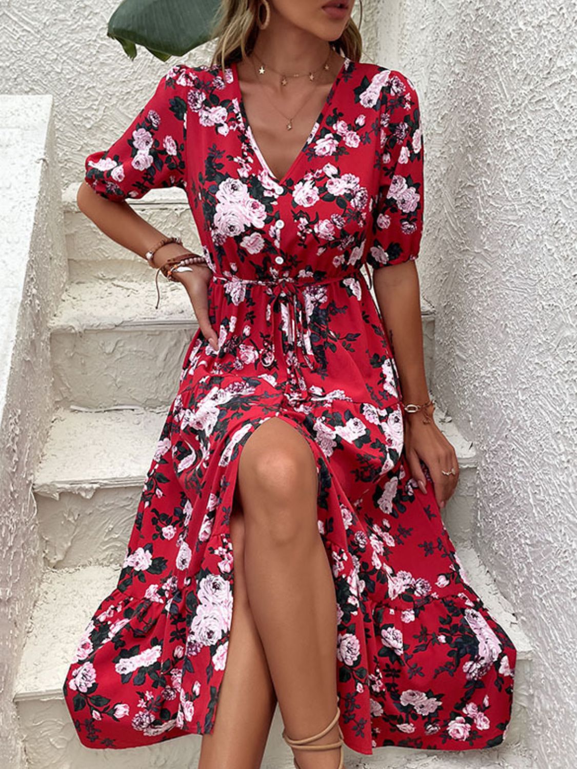 Floral Split Tie - Waist Dress - Dress - Red - Bella Bourget