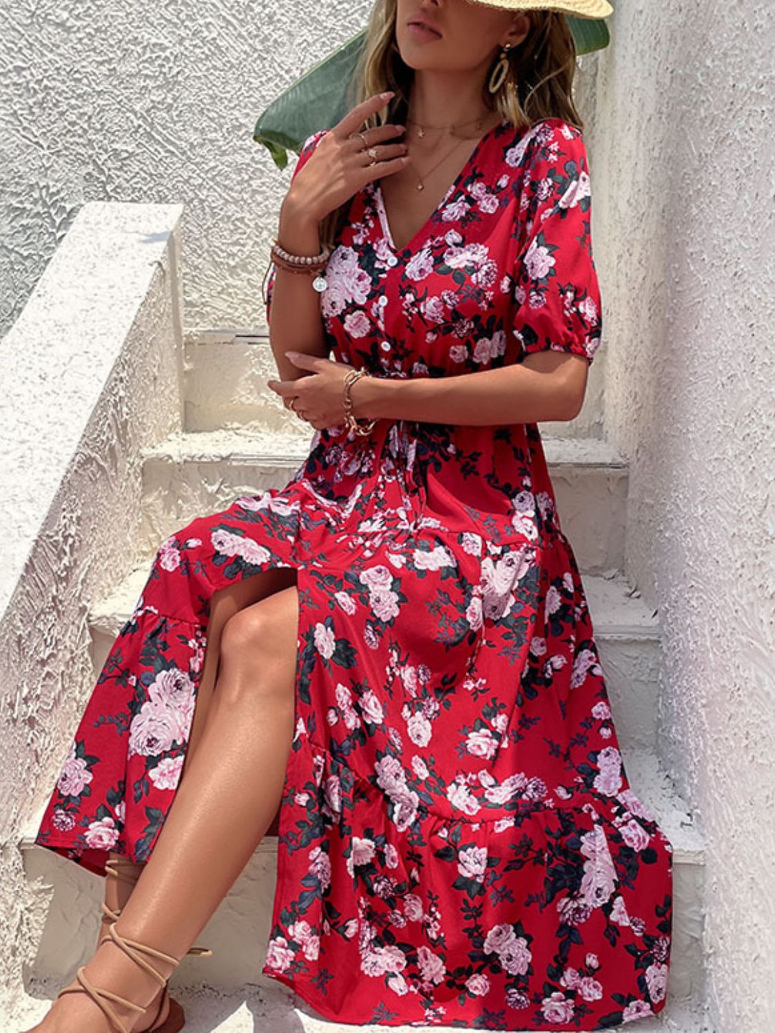 Floral Split Tie - Waist Dress - Dress - Red - Bella Bourget