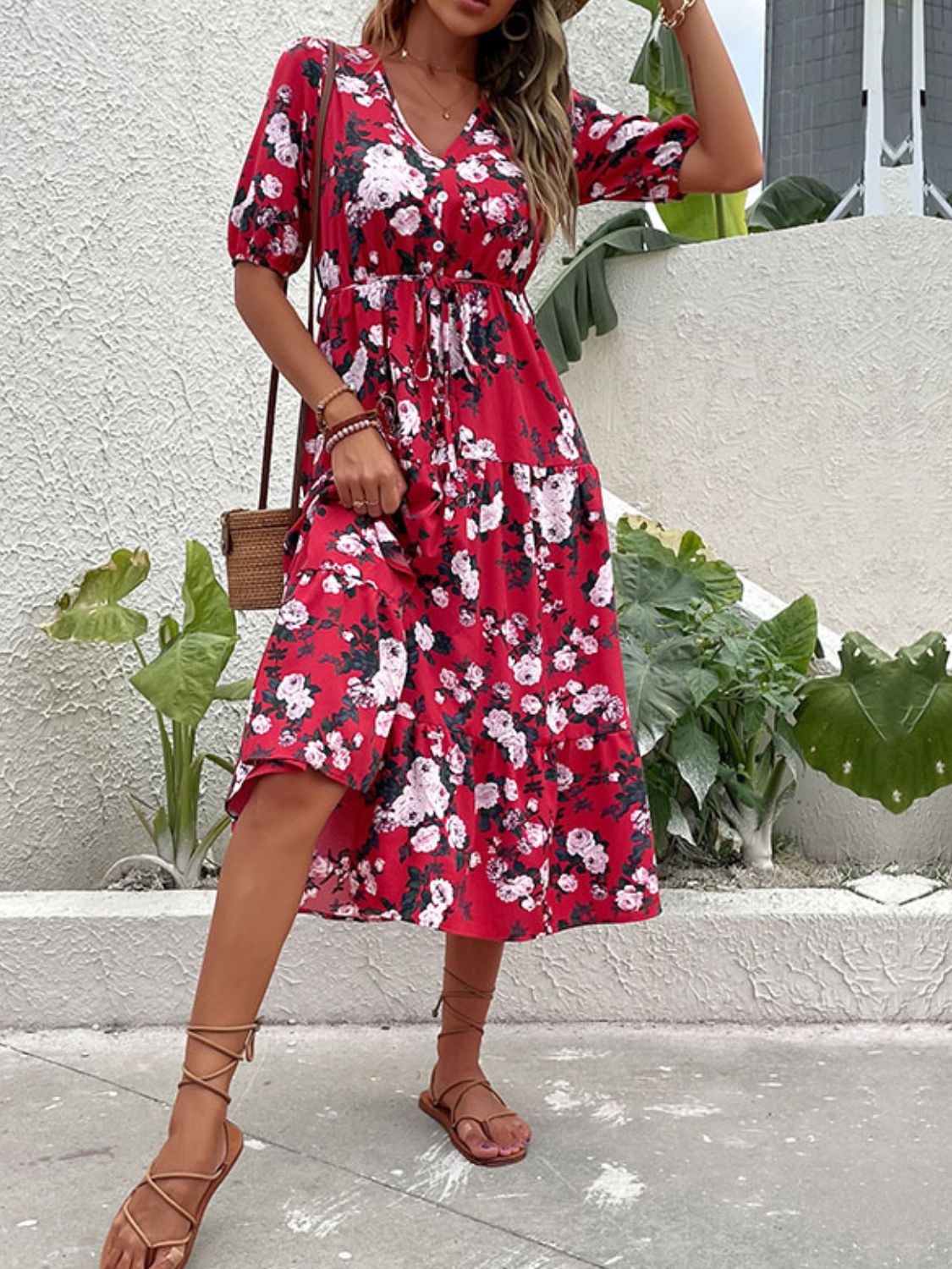 Floral Split Tie - Waist Dress - Dress - Red - Bella Bourget