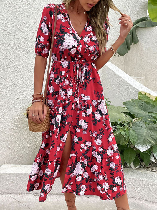 Floral Split Tie - Waist Dress - Dress - Red - Bella Bourget