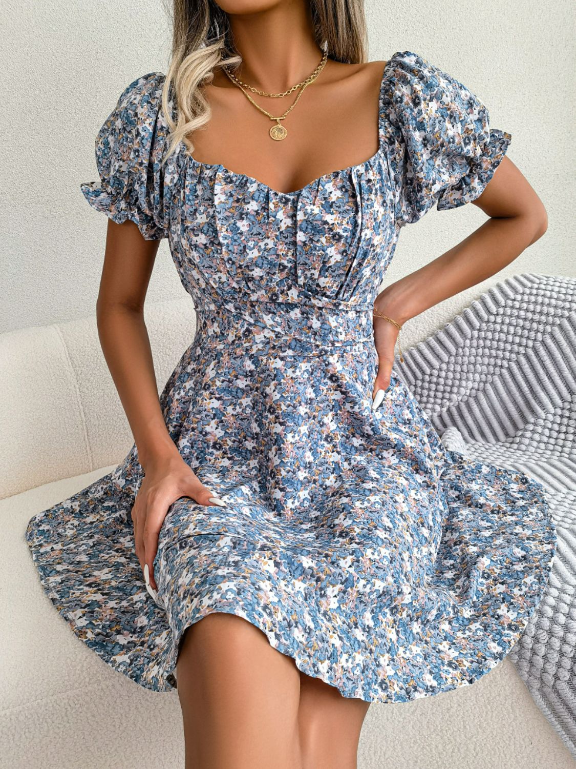 Floral Sweetheart Neck Flounce Sleeve Mini Dress - Dress - Blue Floral - Bella Bourget