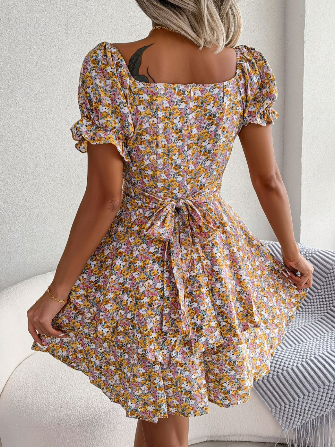 Floral Sweetheart Neck Flounce Sleeve Mini Dress - Dress - Yellow Floral - Bella Bourget