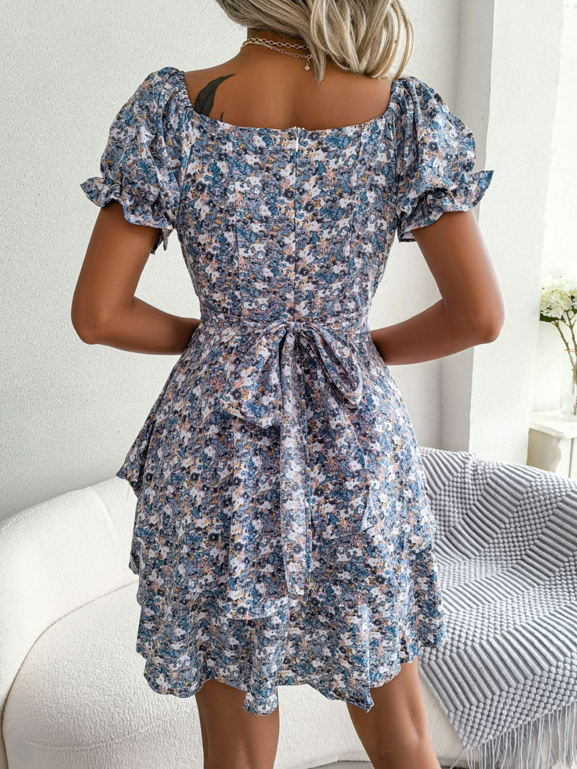 Floral Sweetheart Neck Flounce Sleeve Mini Dress - Dress - Blue Floral - Bella Bourget