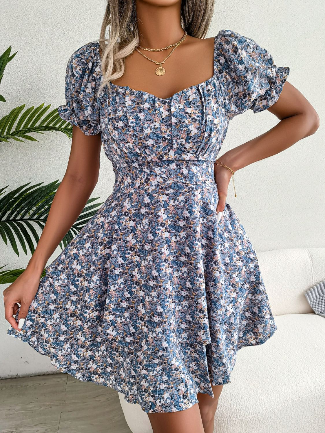 Floral Sweetheart Neck Flounce Sleeve Mini Dress - Dress - Blue Floral - Bella Bourget