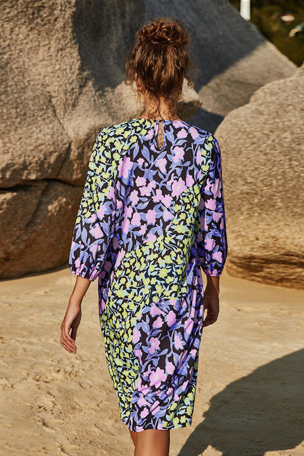 Floral Three Quarter Sleeve Dress - Dress - Purple Green - Bella Bourget