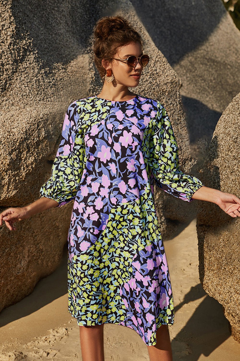 Floral Three Quarter Sleeve Dress - Dress - Purple Green - Bella Bourget