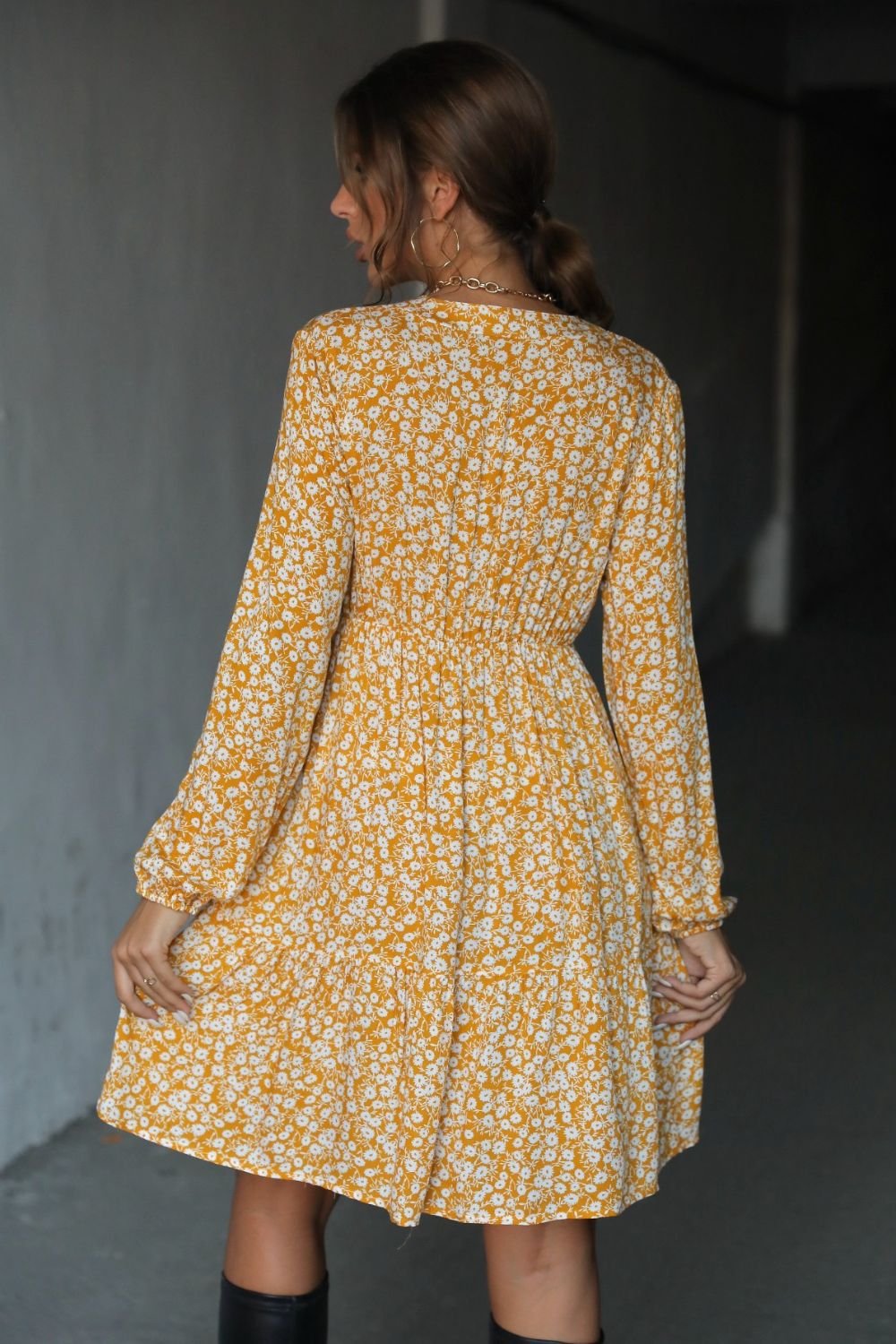 Floral Tie Neck Buttoned Balloon Sleeve Dress - Dress - Banana Yellow - Bella Bourget