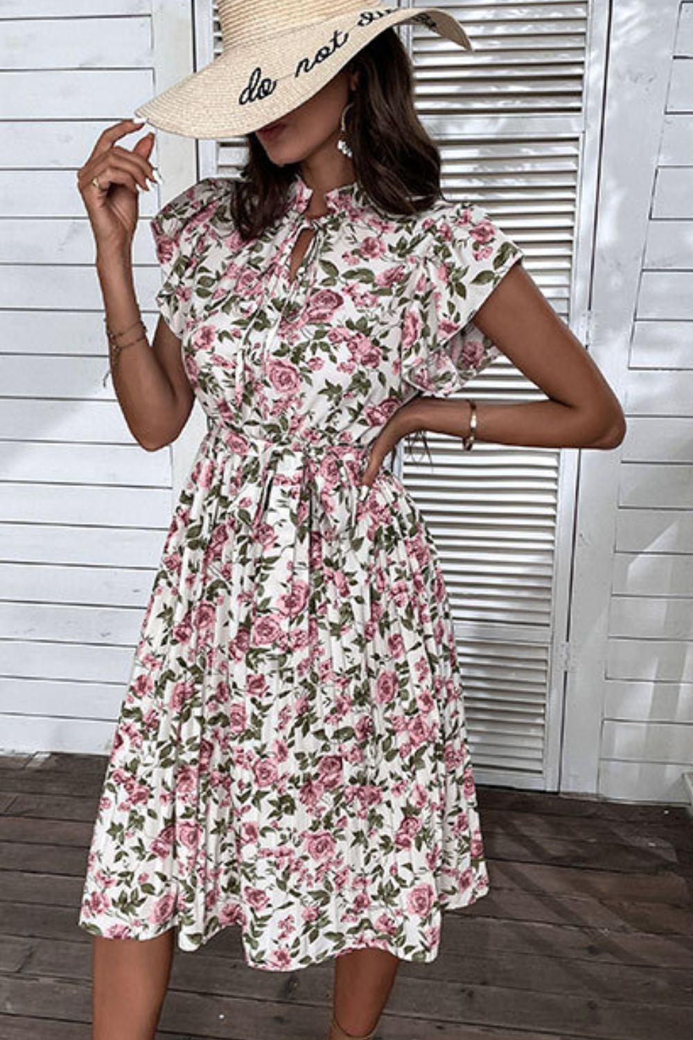 Floral Tie - Neck Flutter Sleeve Midi Dress - Dress - White - Bella Bourget