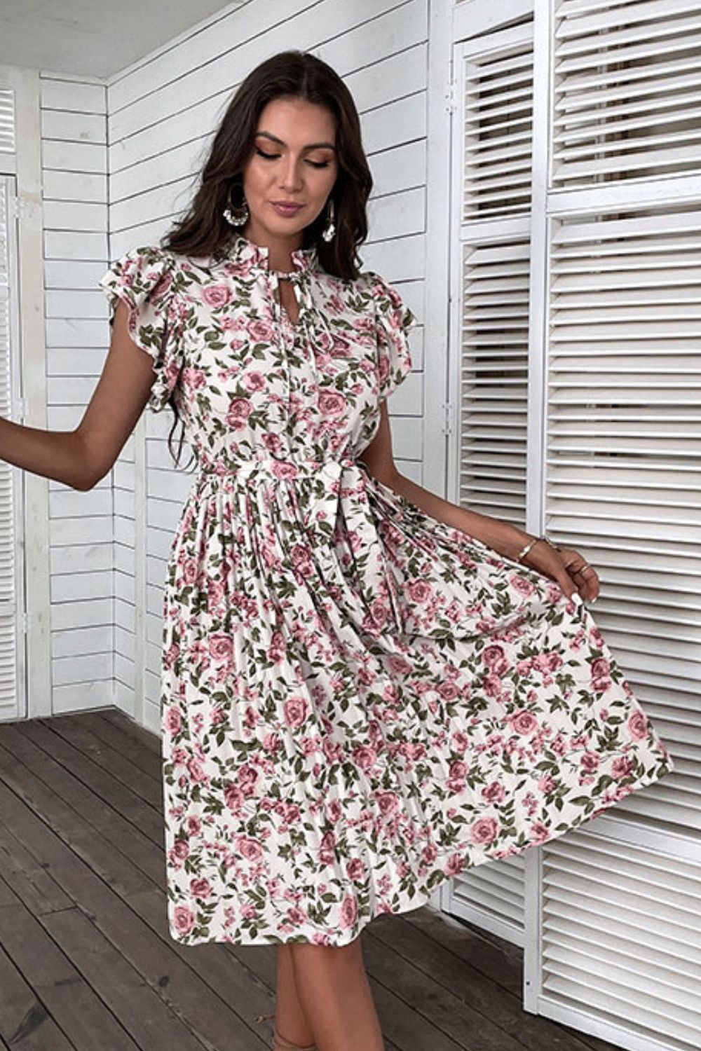 Floral Tie - Neck Flutter Sleeve Midi Dress - Dress - White - Bella Bourget