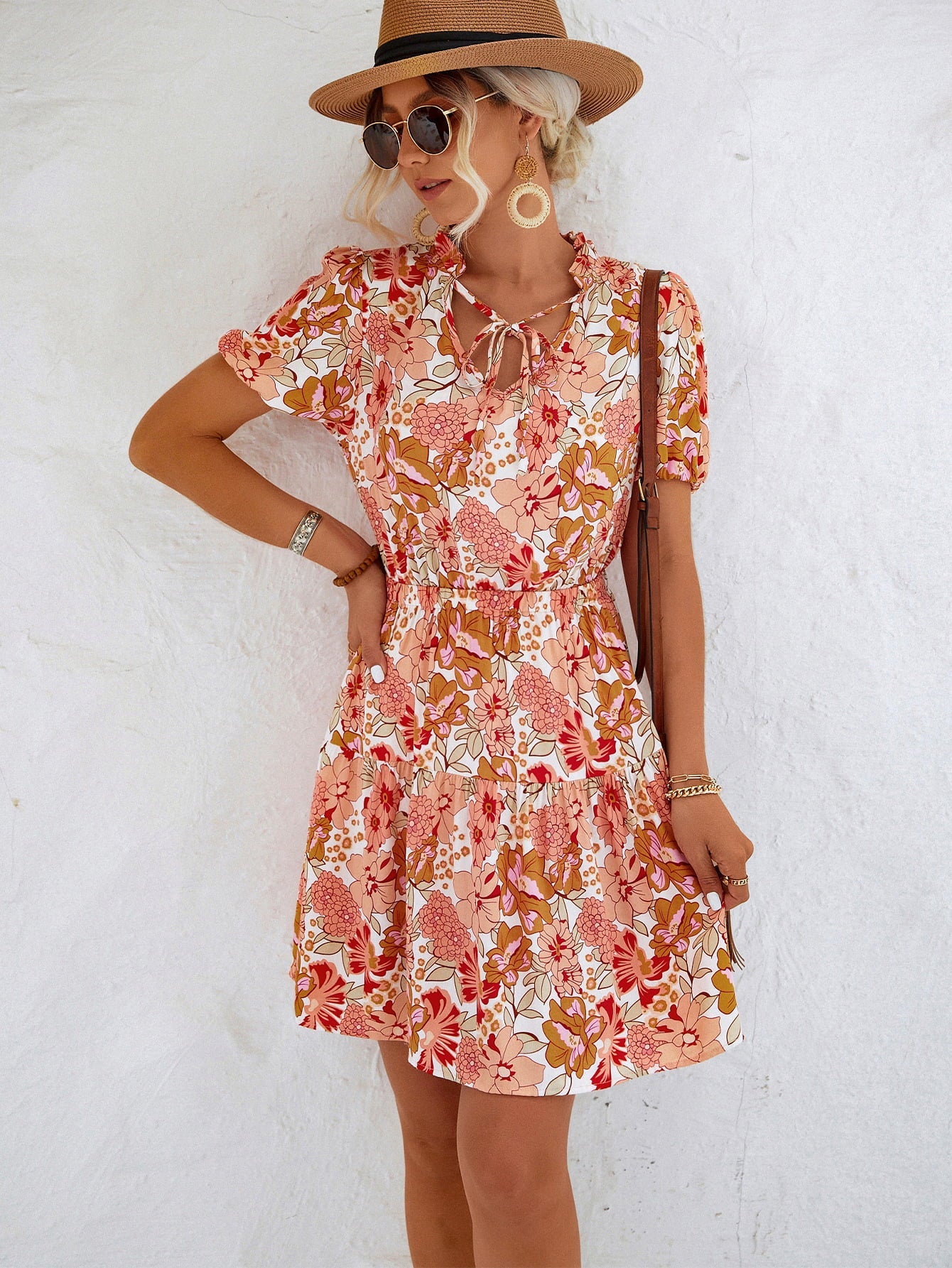 Floral Tie Neck Puff Sleeve Tiered Dress - Dress - Orange - Bella Bourget