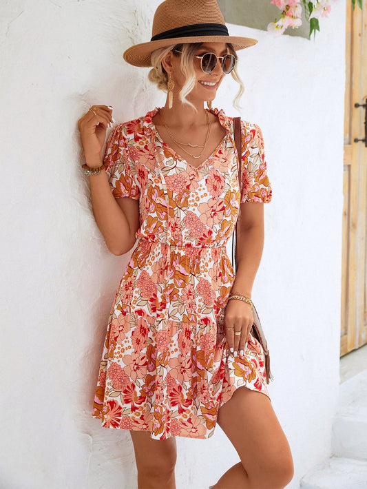 Floral Tie Neck Puff Sleeve Tiered Dress - Dress - Orange - Bella Bourget