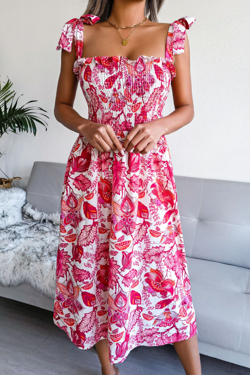 Floral Tie Shoulder Smocked Midi Dress - Dress - Fuchsia - Bella Bourget