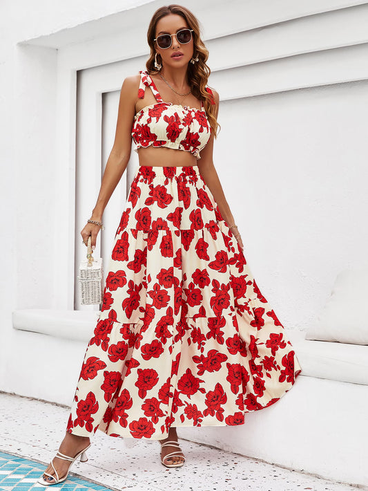 Floral Tie Shoulder Top and Tiered Maxi Skirt Set - Two - Piece Set - Deep Red - Bella Bourget