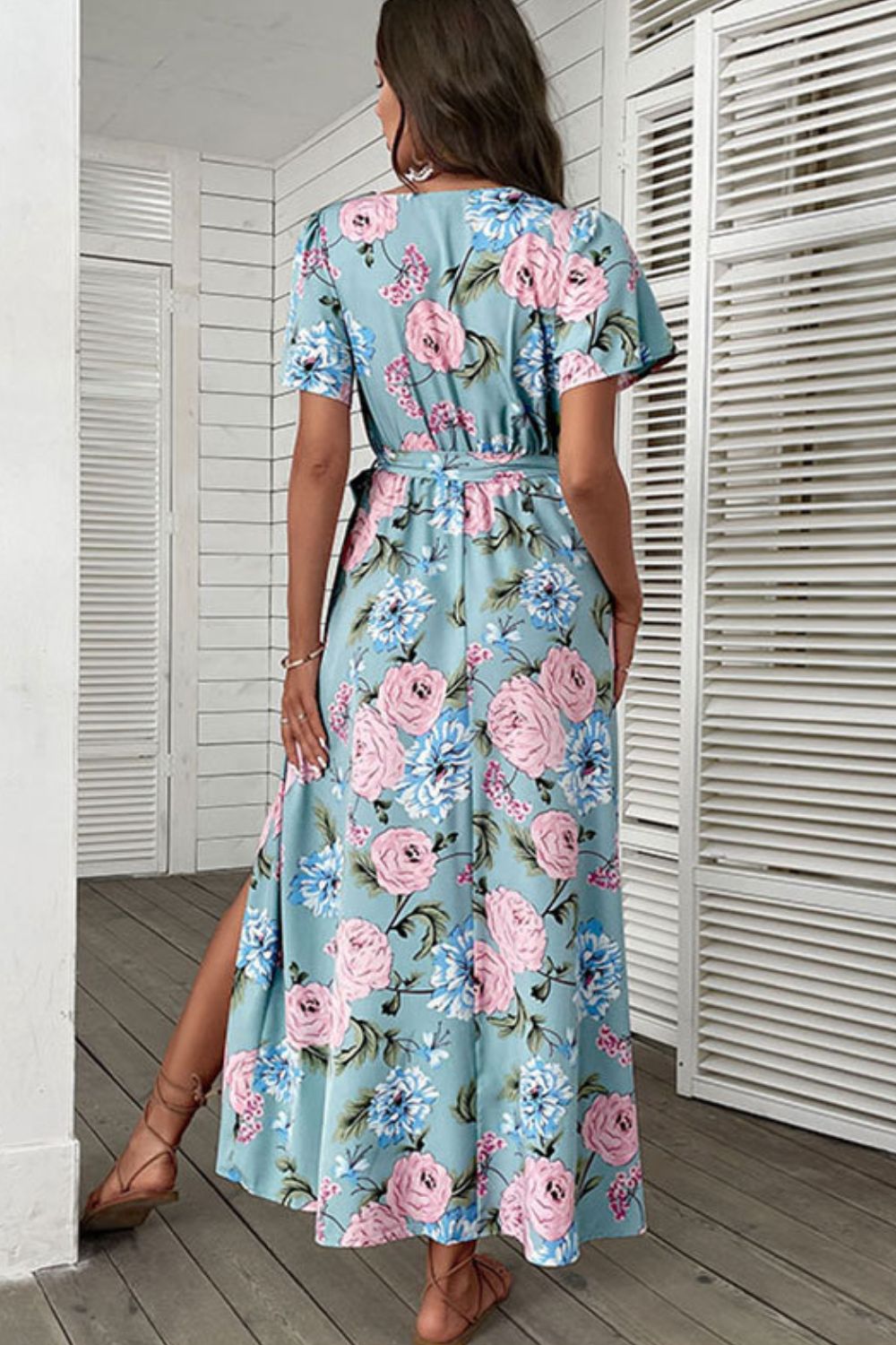 Floral Tie - Waist Slit Surplice Maxi Dress - Dress - Blue - Bella Bourget