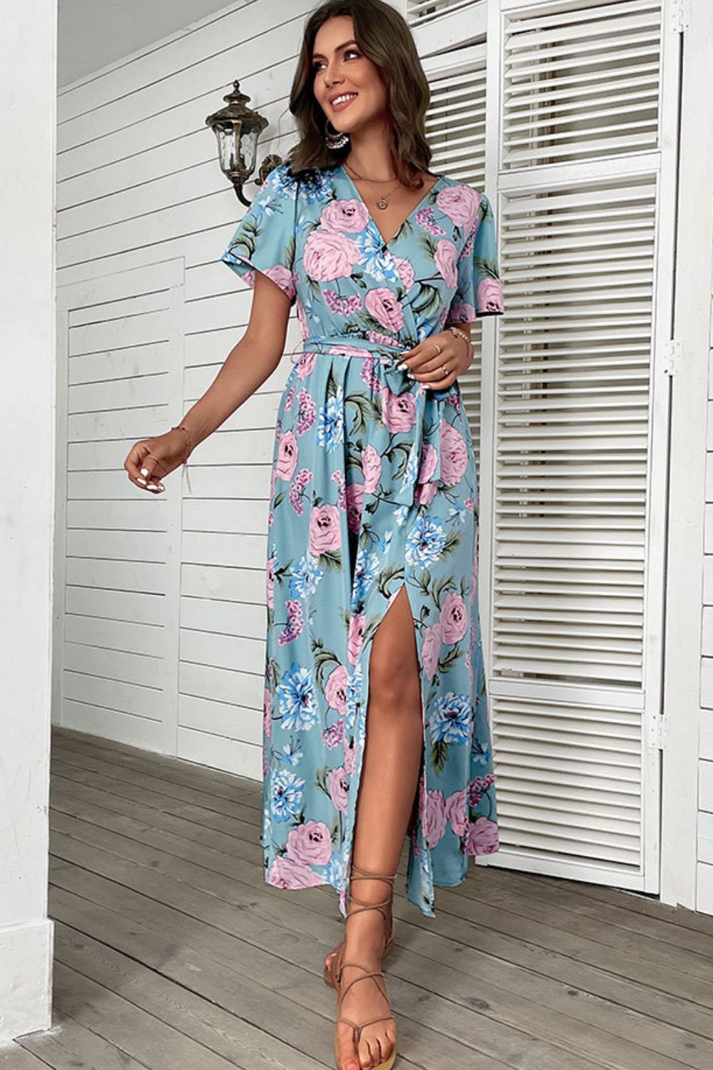 Floral Tie - Waist Slit Surplice Maxi Dress - Dress - Blue - Bella Bourget