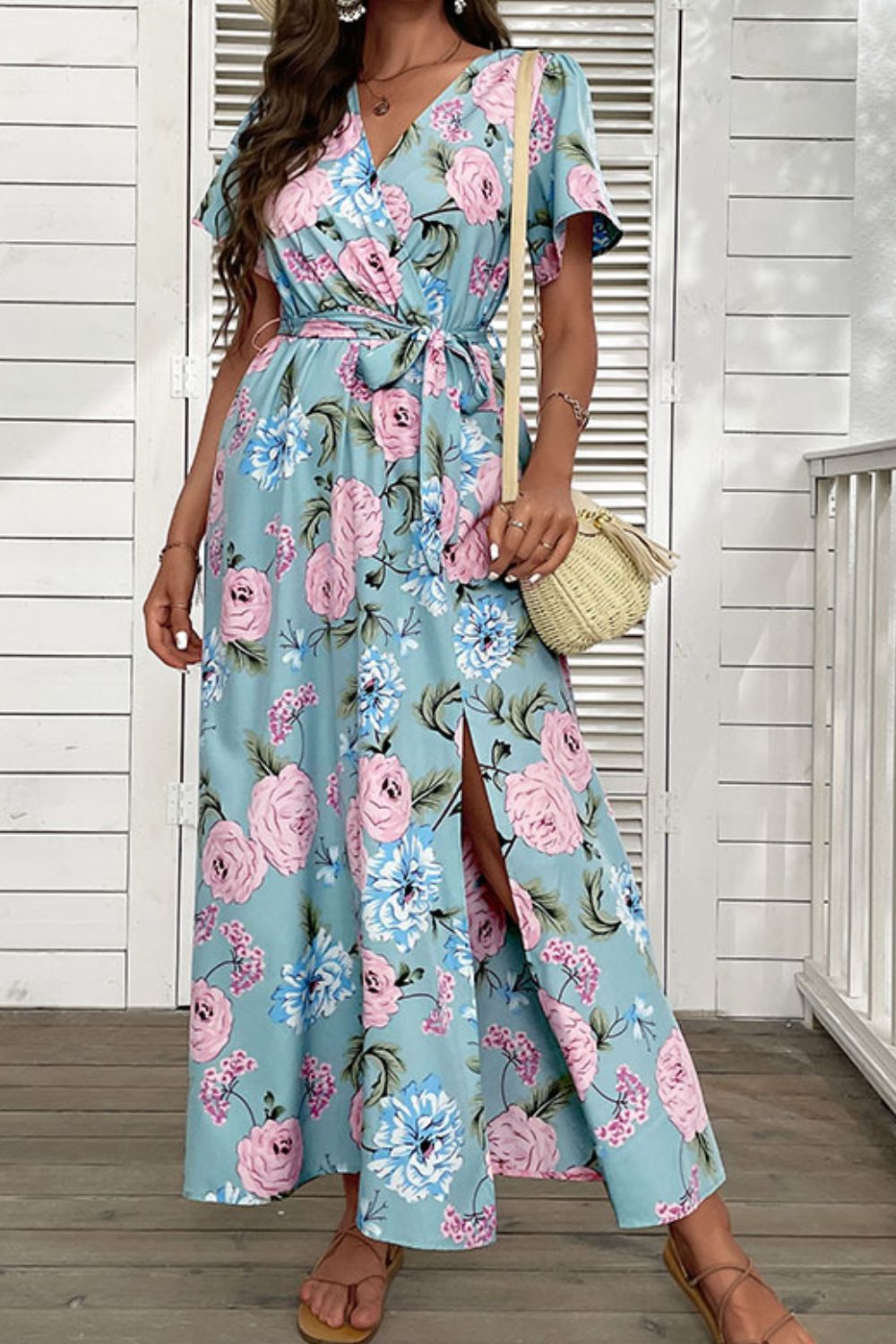 Floral Tie - Waist Slit Surplice Maxi Dress - Dress - Blue - Bella Bourget