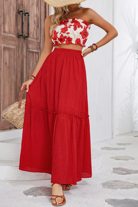 Floral Tube Top and Maxi Skirt Set - Two - Piece Set - Deep Red - Bella Bourget