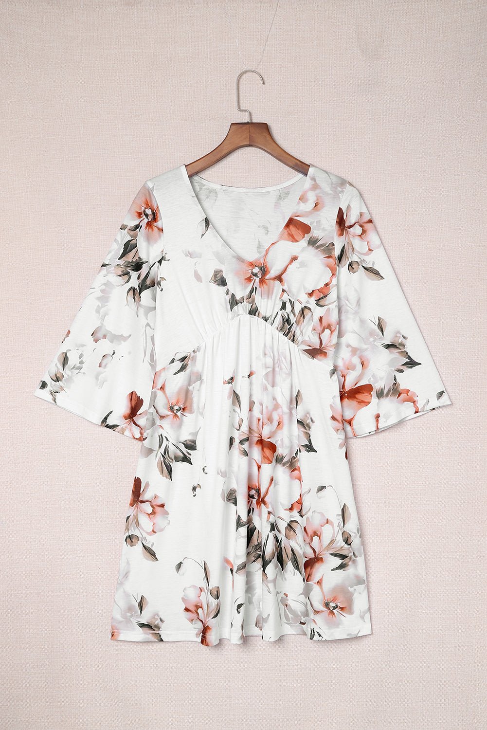 Floral V - Neck Three - Quarter Sleeve Mini Dress - Dress - White - Bella Bourget