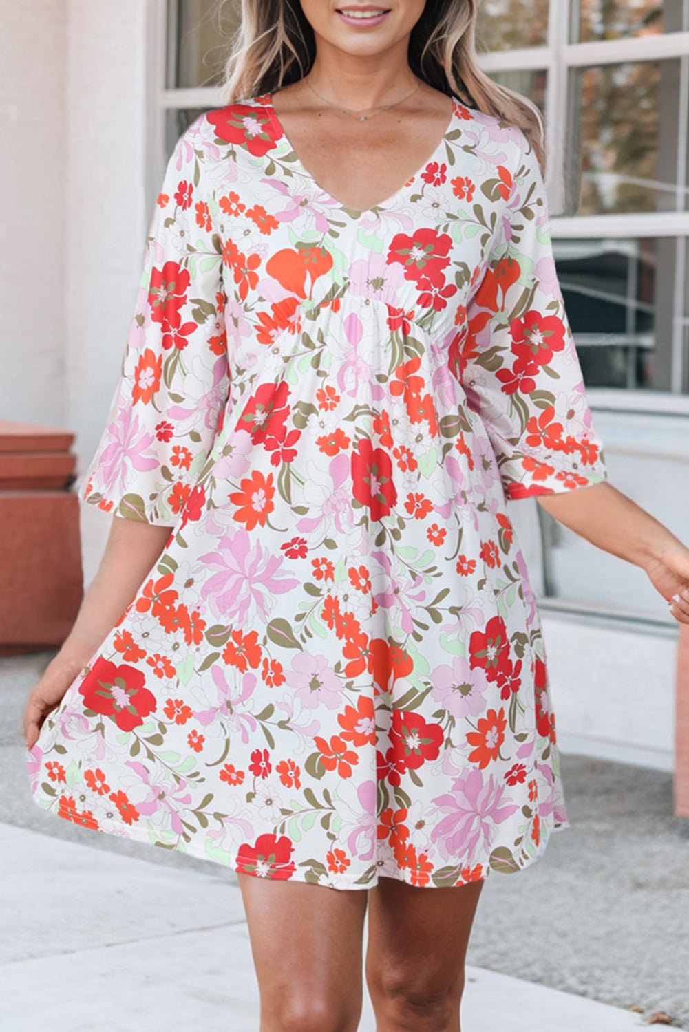 Floral V - Neck Three - Quarter Sleeve Mini Dress - Dress - Red - Bella Bourget