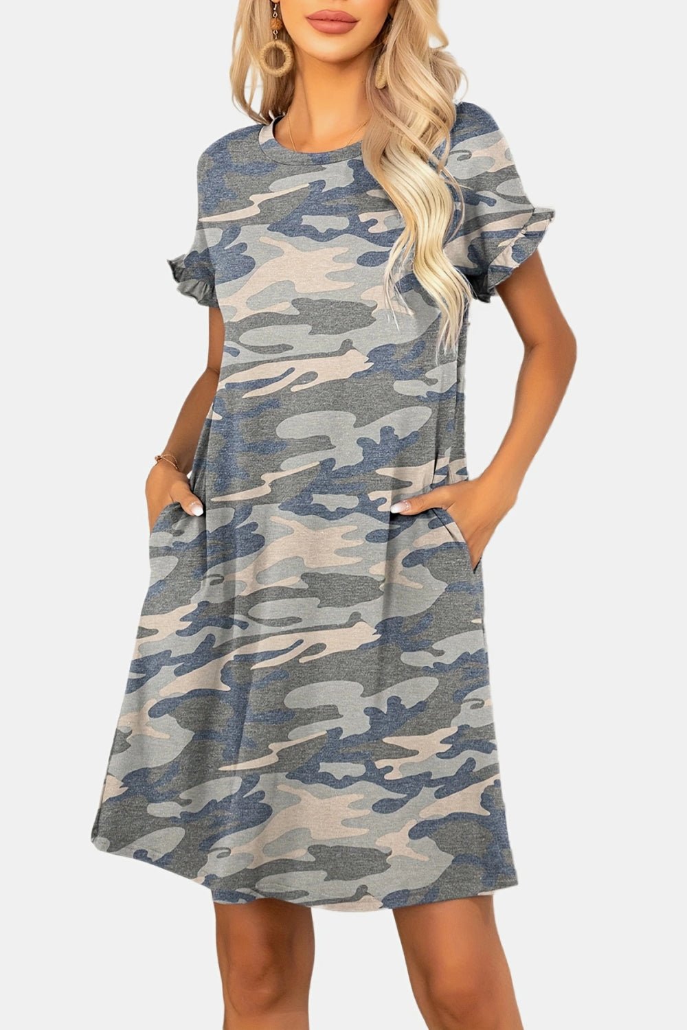 Flounce Sleeve Round Neck Dress with Pockets - Dress - Green Camouflage - Bella Bourget