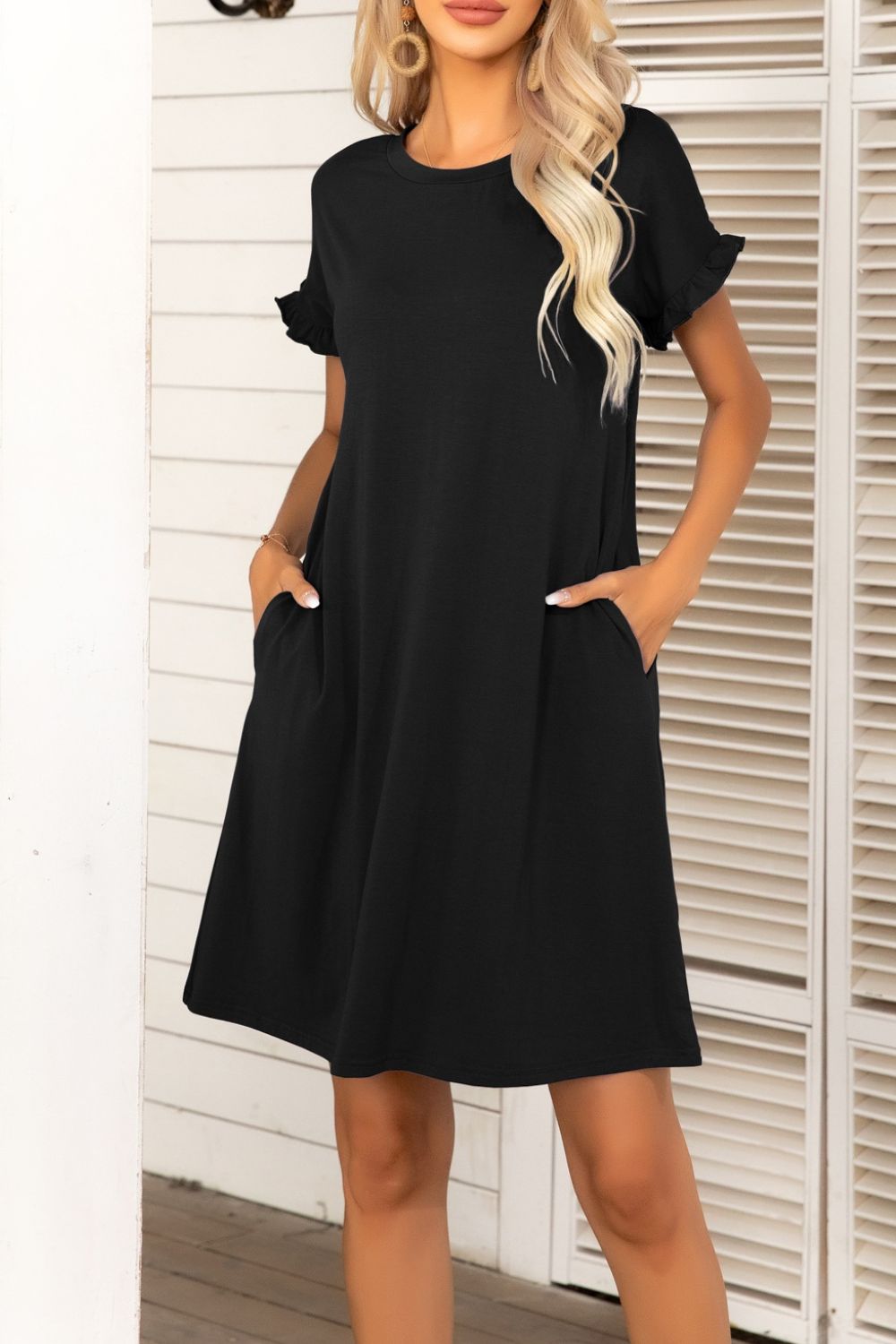 Flounce Sleeve Round Neck Dress with Pockets - Dress - Black - Bella Bourget