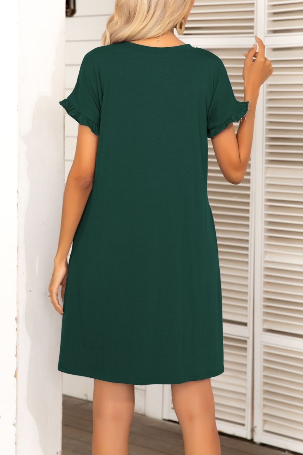 Flounce Sleeve Round Neck Dress with Pockets - Dress - Forest - Bella Bourget