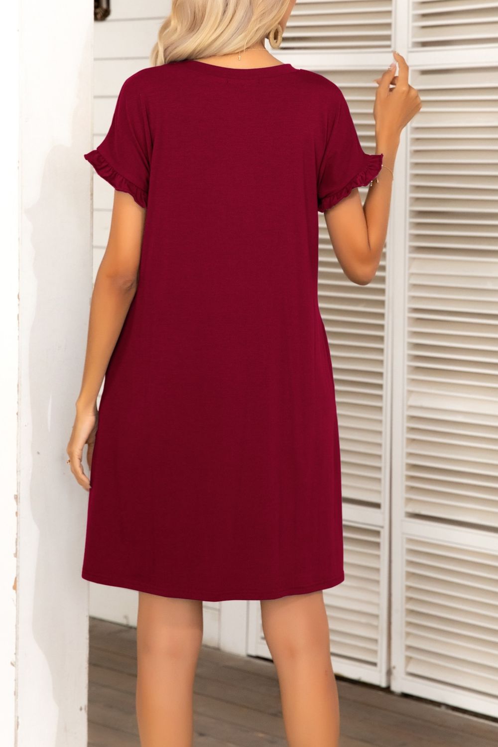 Flounce Sleeve Round Neck Dress with Pockets - Dress - Wine - Bella Bourget