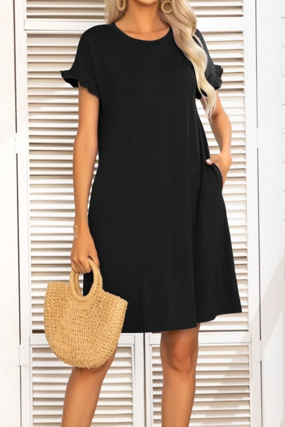 Flounce Sleeve Round Neck Dress with Pockets - Dress - Black - Bella Bourget