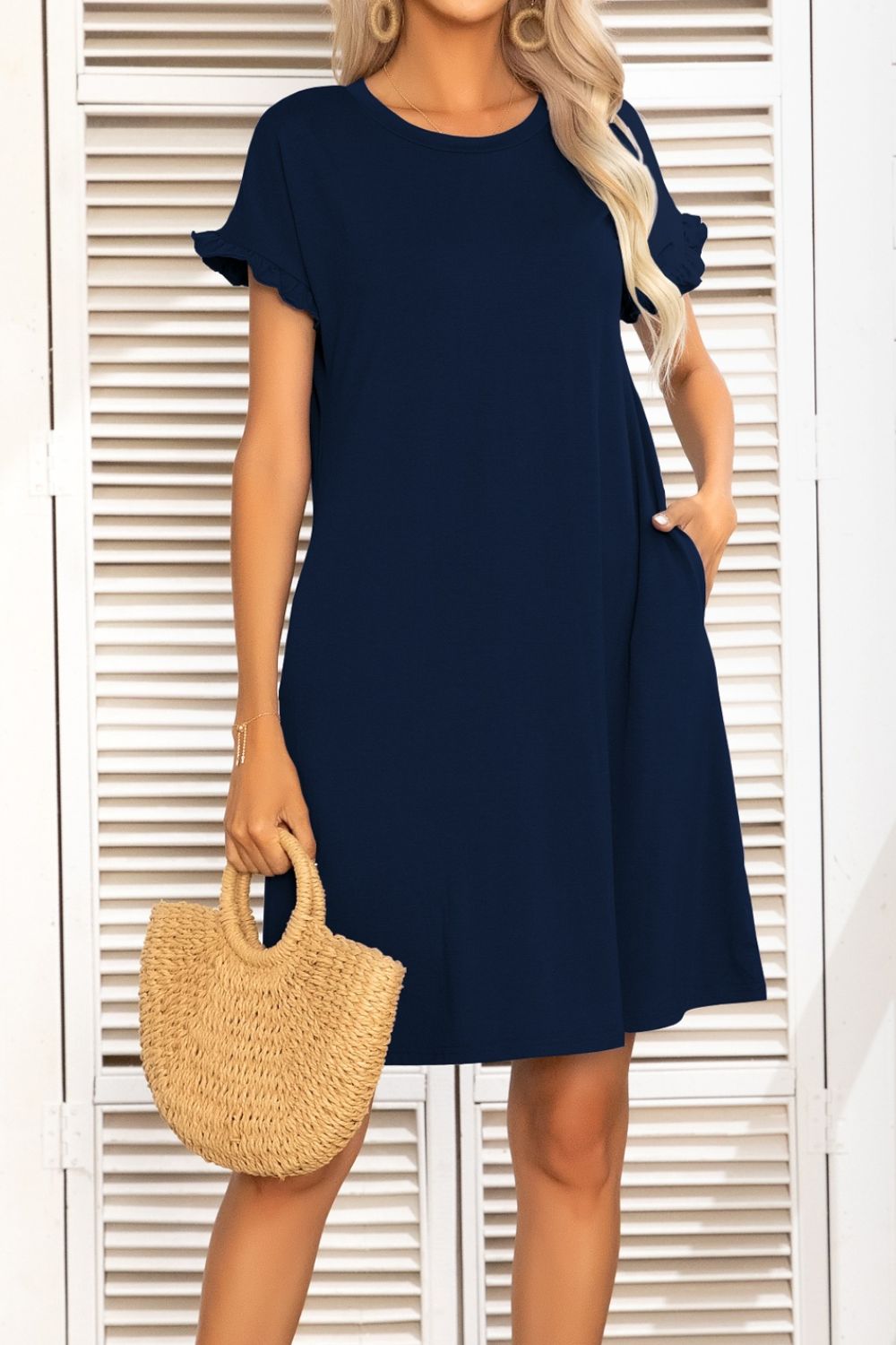 Flounce Sleeve Round Neck Dress with Pockets - Dress - Navy - Bella Bourget