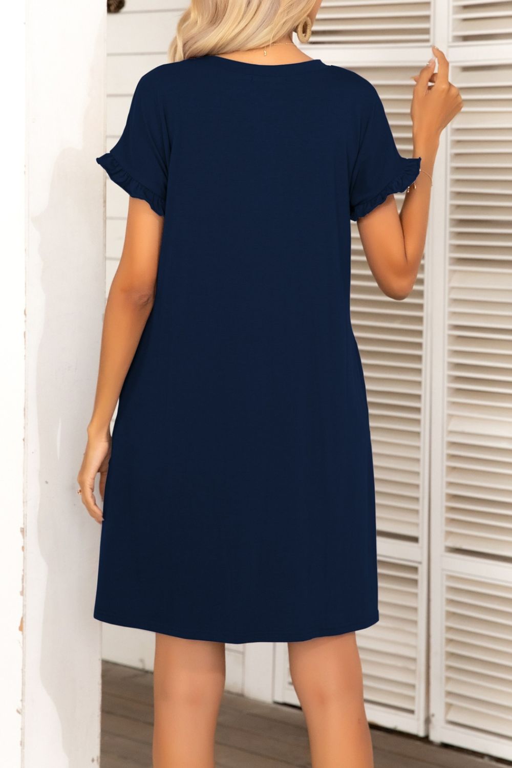 Flounce Sleeve Round Neck Dress with Pockets - Dress - Navy - Bella Bourget