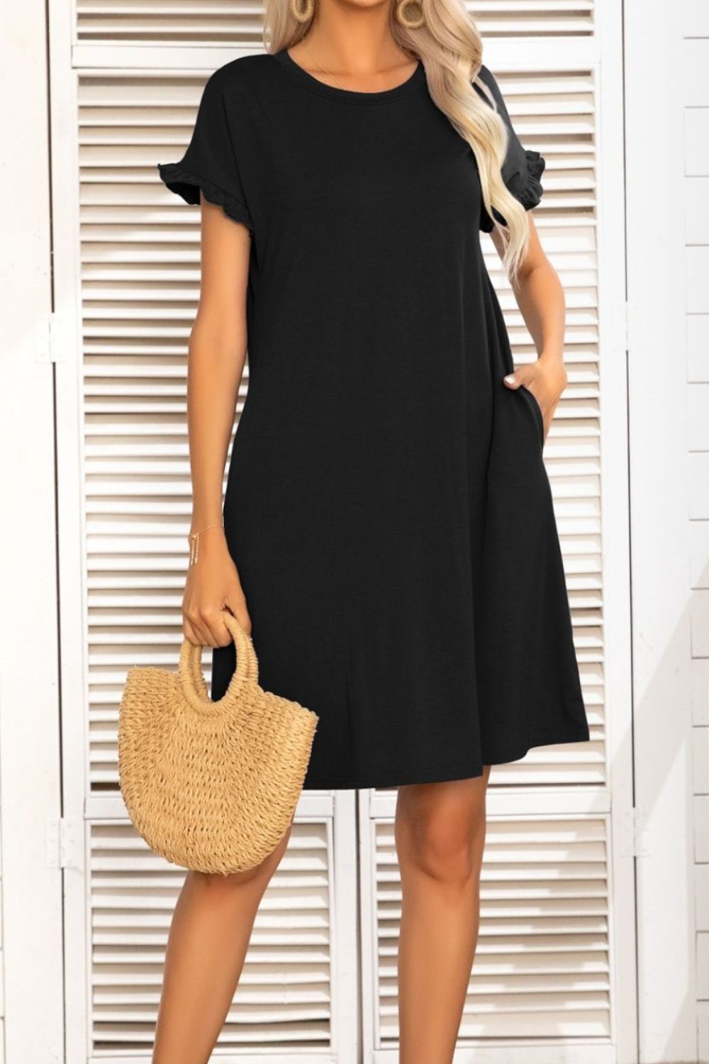 Flounce Sleeve Round Neck Dress with Pockets - Dress - Black - Bella Bourget