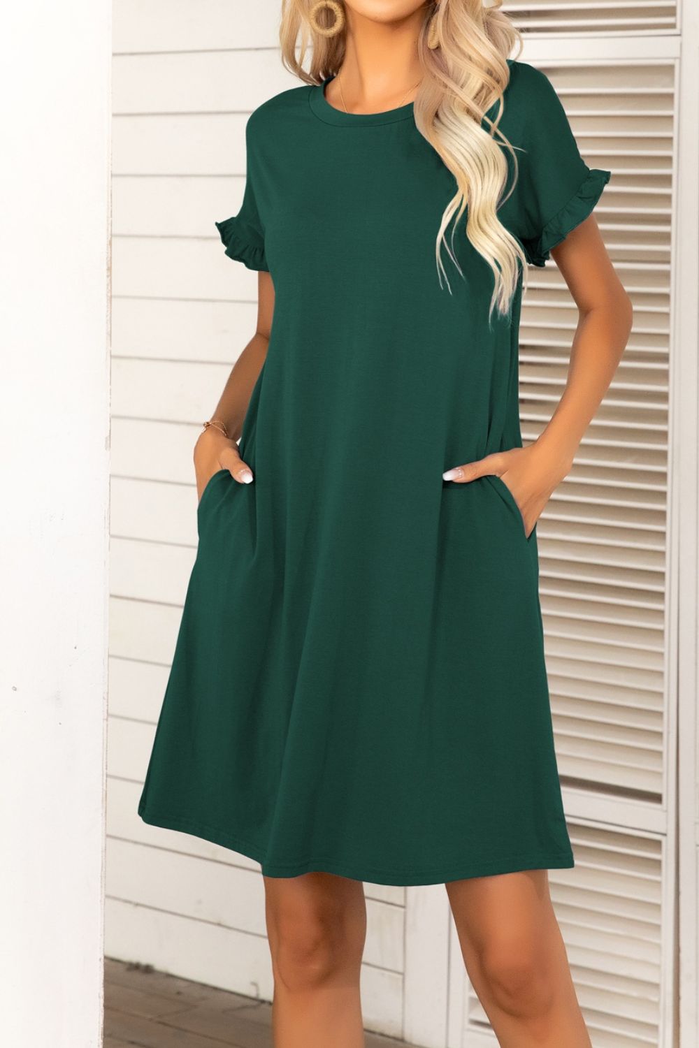 Flounce Sleeve Round Neck Dress with Pockets - Dress - Forest - Bella Bourget