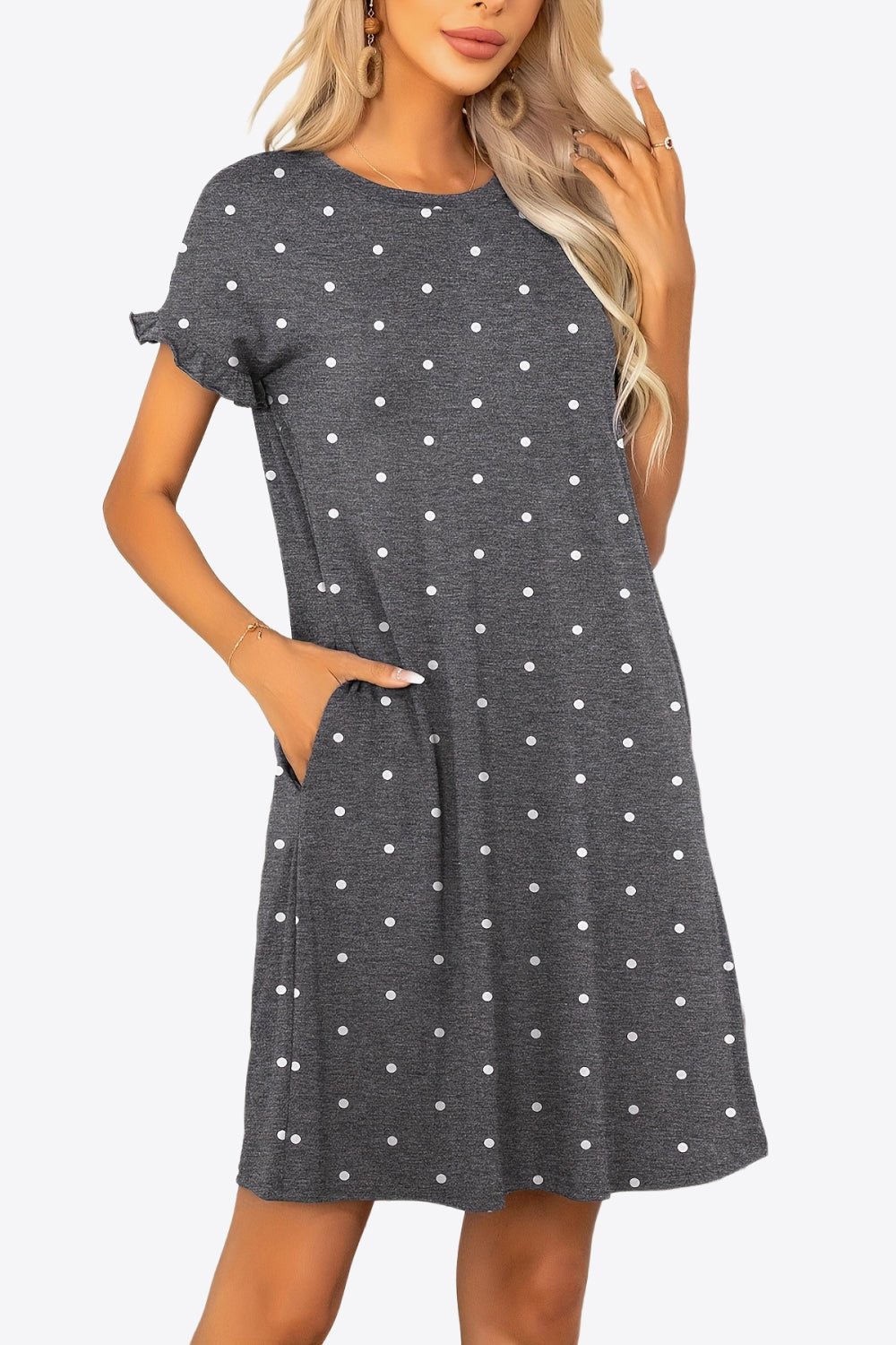 Flounce Sleeve Round Neck Dress with Pockets - Dress - Dark Gray - Bella Bourget