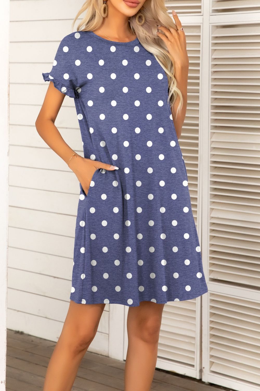 Flounce Sleeve Round Neck Dress with Pockets - Dress - Dusty Blue - Bella Bourget