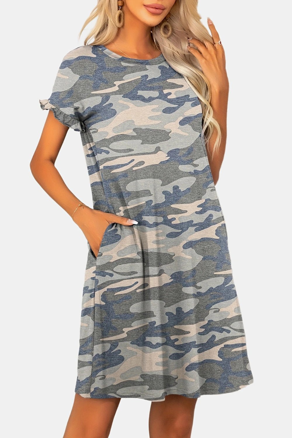 Flounce Sleeve Round Neck Dress with Pockets - Dress - Green Camouflage - Bella Bourget