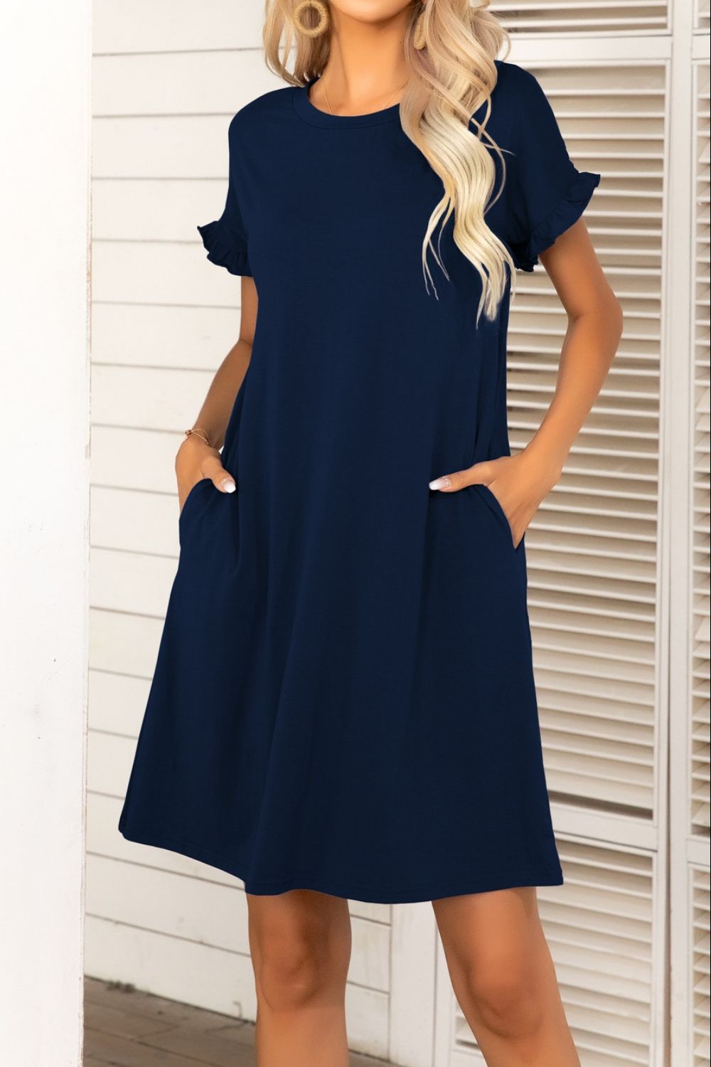 Flounce Sleeve Round Neck Dress with Pockets - Dress - Navy - Bella Bourget