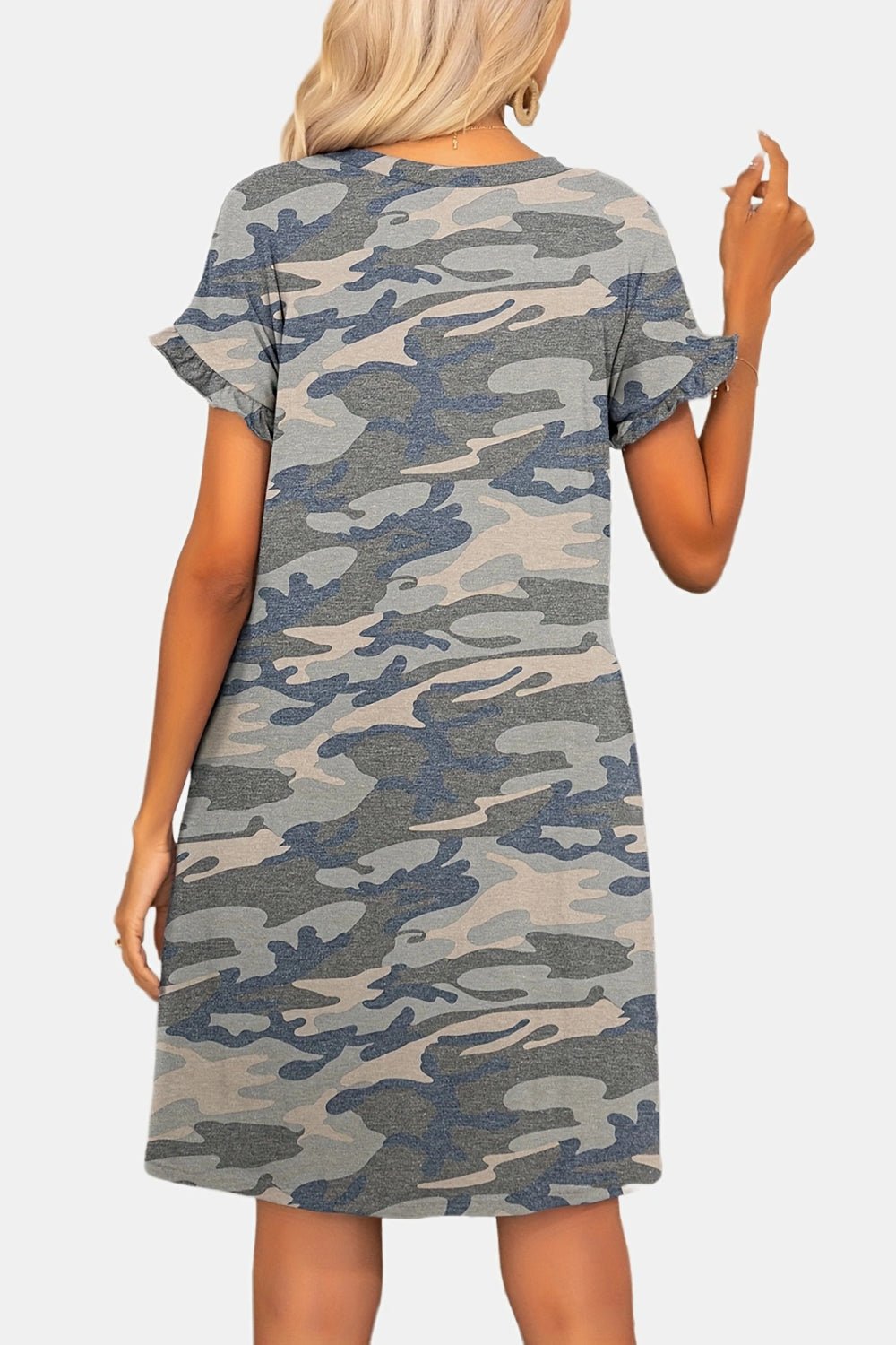 Flounce Sleeve Round Neck Dress with Pockets - Dress - Green Camouflage - Bella Bourget