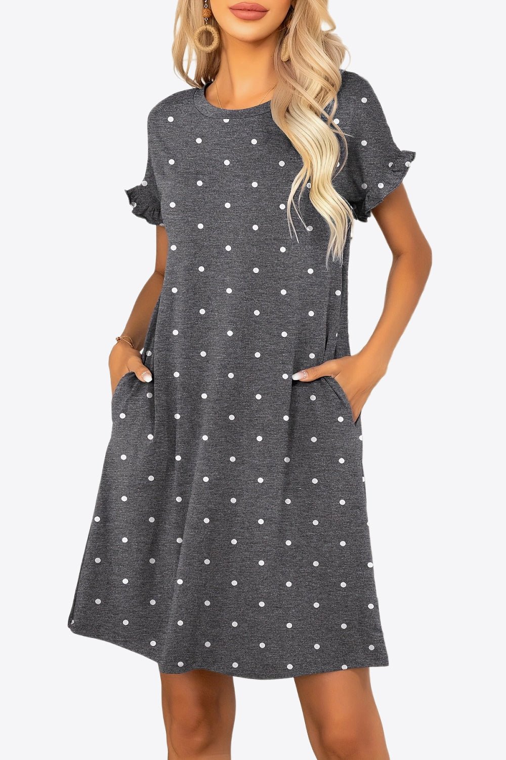 Flounce Sleeve Round Neck Dress with Pockets - Dress - Dark Gray - Bella Bourget