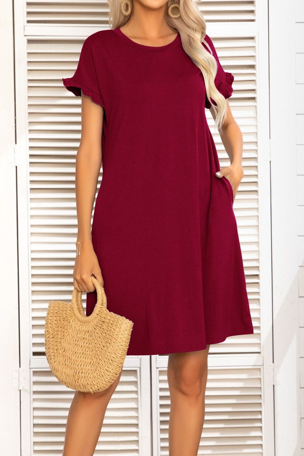 Flounce Sleeve Round Neck Dress with Pockets - Dress - Wine - Bella Bourget