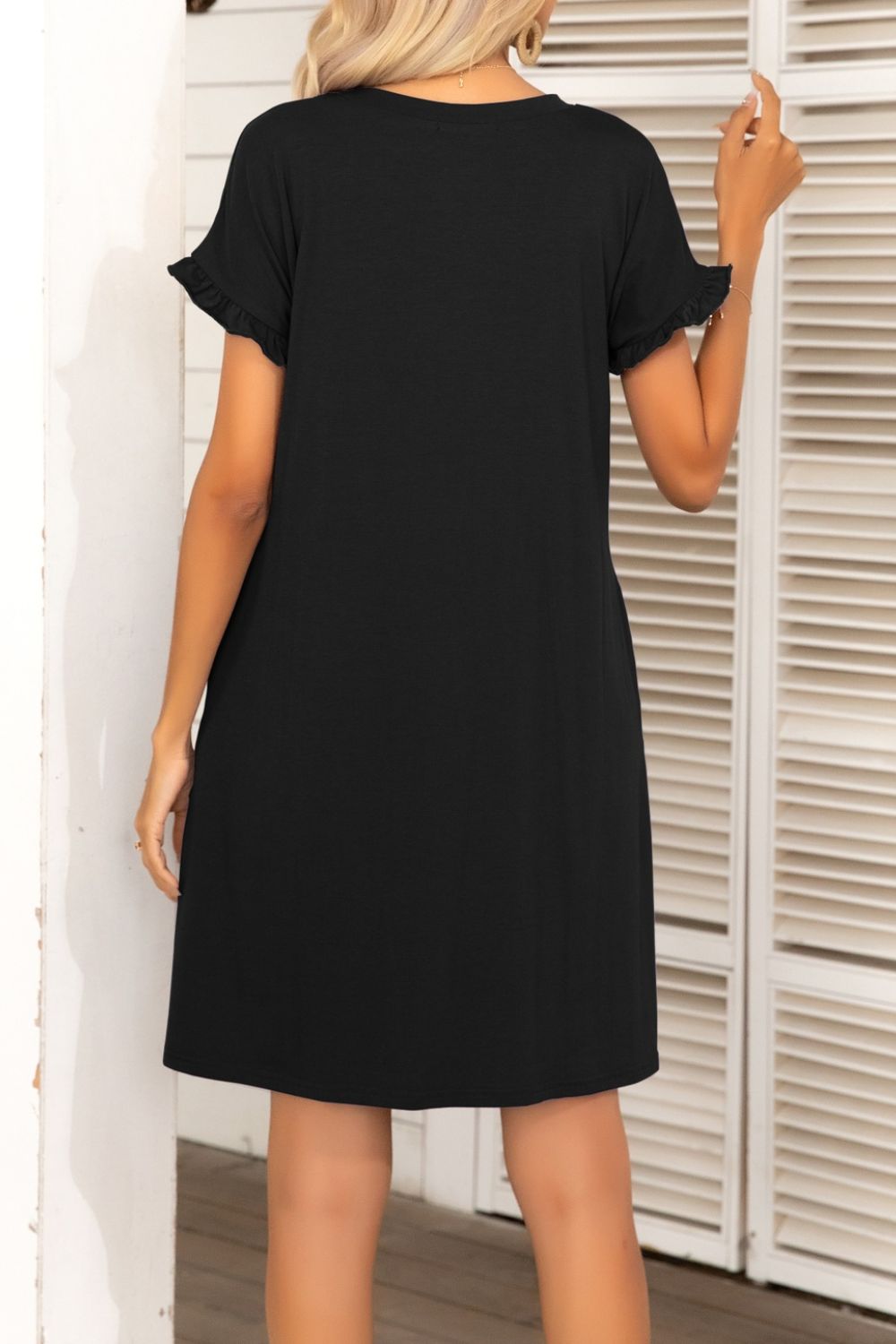 Flounce Sleeve Round Neck Dress with Pockets - Dress - Black - Bella Bourget