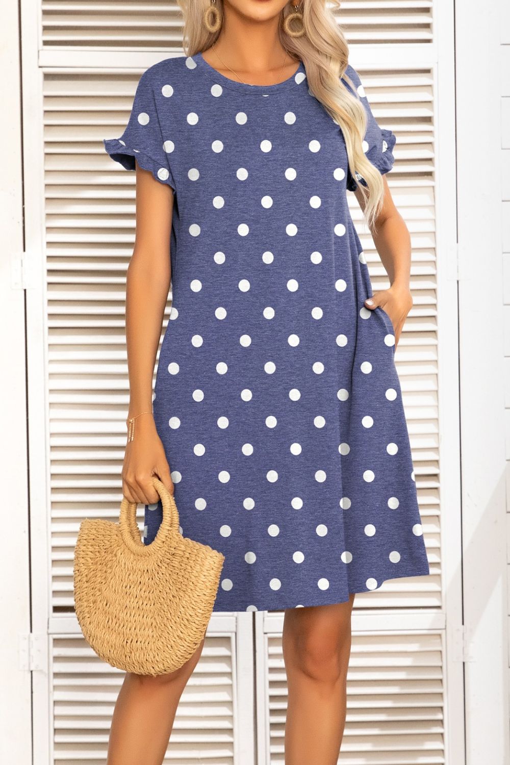 Flounce Sleeve Round Neck Dress with Pockets - Dress - Dusty Blue - Bella Bourget